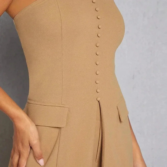 Camel Elegant Women's Button Split Tube Top & Pants Set - Picture 3 of 4